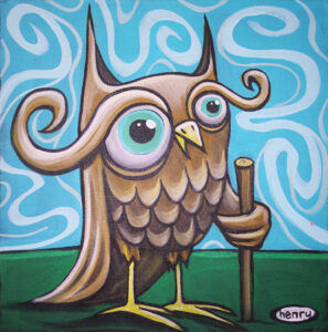 Original Ryan "Henry" painting titled Owl with Hiking Stick