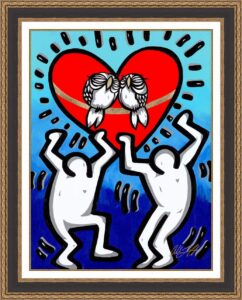 Owly Eternal Dance by Allison Lefcort, a vibrant tribute to Keith Haring and David Le Batard (LEBO) celebrating love, partnership, community, and the enduring power of art to inspire connection and joy.