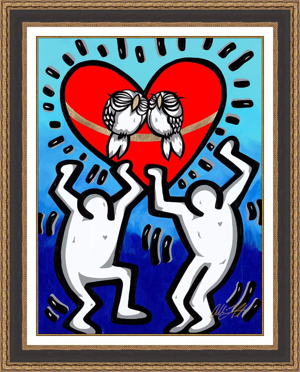 Owly Eternal Dance by Allison Lefcort, a vibrant tribute to Keith Haring and David Le Batard (LEBO) celebrating love, partnership, community, and the enduring power of art to inspire connection and joy.