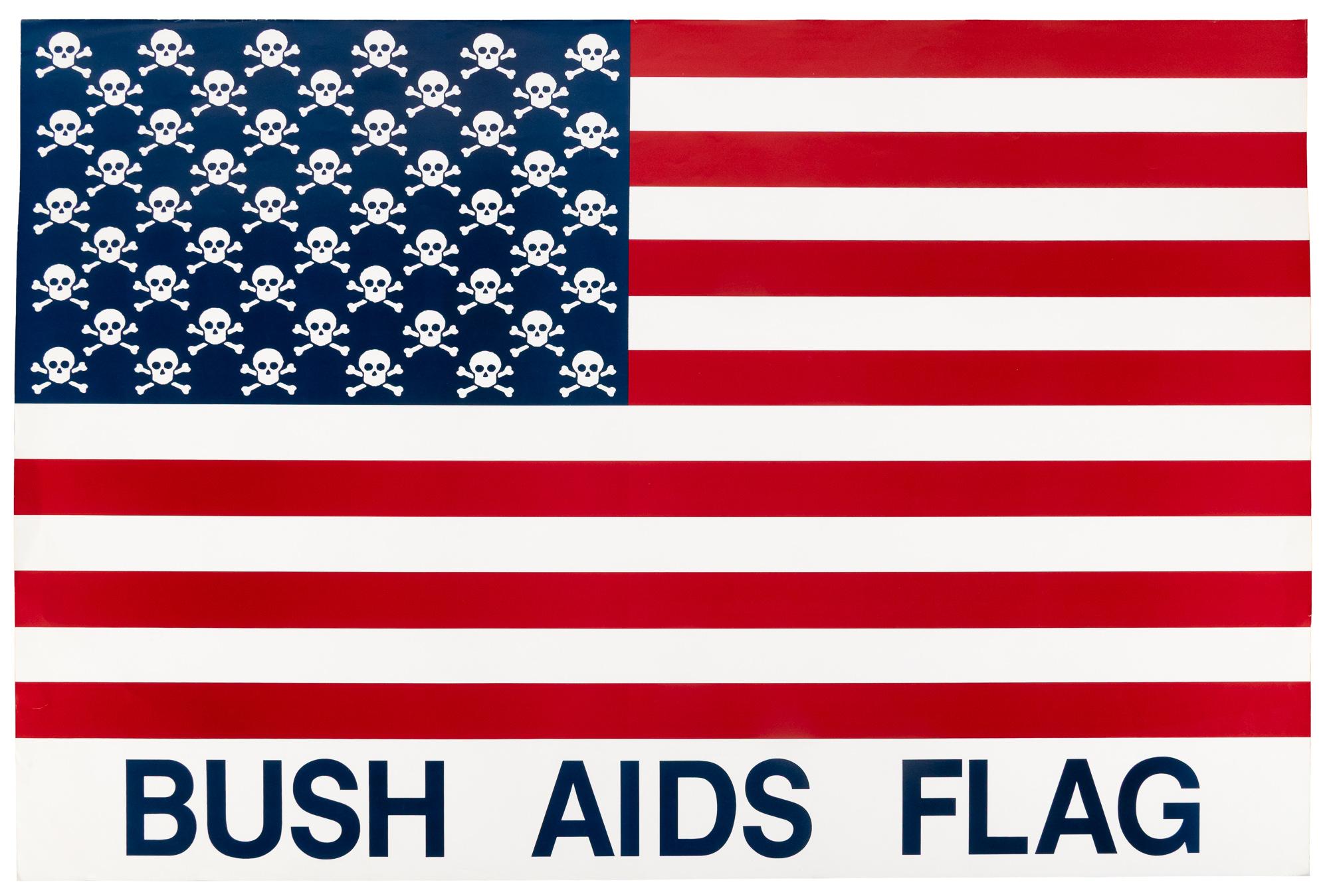 "Bush AIDS Flag" protest poster showing an American flag with skull and crossbones replacing the stars.